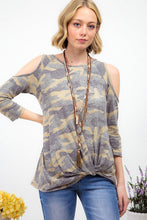 VINTAGE CAMOUFLAGE PRINT COLD SHOULDER TOP - OLIVE CAMO