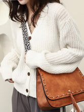 Vegan Leather Woven Flip Rivet Handbag with Leopard Strap