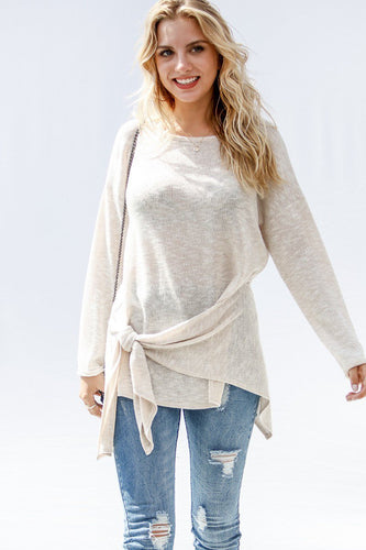Long sleeve knit top with tieable waist bands - Taupe