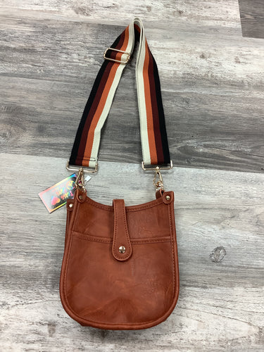 Camel Mini Distressed Vegan Leather Messenger Bag w/ Adjustable Stripe Strap
