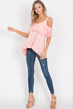 HIGH LOW RUFFLED COLD SHOULDER TOP - NILE BLUE
