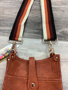 Camel Mini Distressed Vegan Leather Messenger Bag w/ Adjustable Stripe Strap