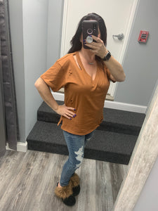 Solid V Neck Short Sleeve Distressed T-Shirt - Black, Camel or Grey