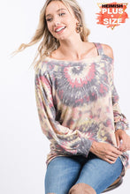 PLUS SIZE PUFF LONG SLEEVE COLD SHOULDER MULTI COLOR PRINT TOP WITH STRAP DETAIL - GREY/YELLOW
