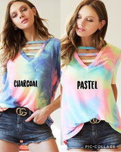 TIE DYE TERRY V-NECK TOP WITH STRAPPED FRONT NECK DETAIL - PASTEL or CHARCOAL TIEDYE