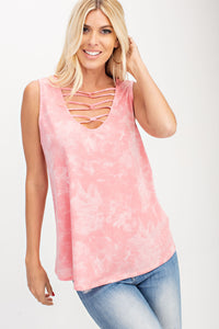 V-NECK, SLEEVELESS, SPAGHETTI STRAP DETAIL, TIE DYE - PINK