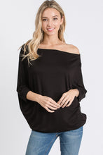 THREE QUARTER SLEEVE SOLID TOP WITH ONE SHOULDER DETAIL - BLACK