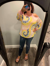 TIE DYE PRINT TERRY TOP WITH COLD SHOULDER DETAIL AND CONTRAST NECK BAND AND CUFFS - ASSORTED COLORS