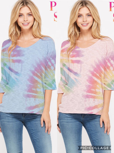Plus size tie dye v neck knit short sleeve top - Denim or Mauve