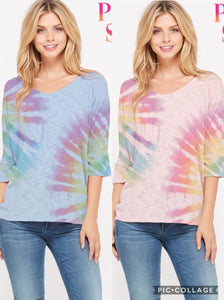 Plus size tie dye v neck knit short sleeve top - Denim or Mauve