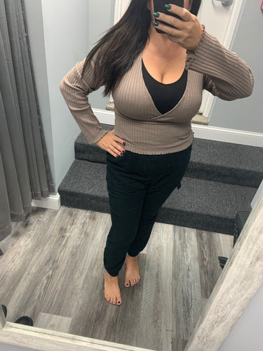 Vintage Havana Chestnut Surplice Ribbed Long Sleeve Top