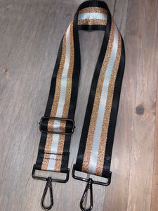 Black/White/Metallic Rose Gold Stripe 2” Adjustable Handbag Strap