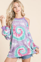 TIE DYE PRINT TERRY TOP WITH COLD SHOULDER DETAIL AND CONTRAST NECK BAND AND CUFFS - ASSORTED COLORS