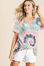 TIE DYE PRINT TERRY V NECK TOP - ASSORTED COLORS
