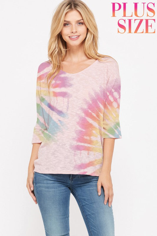 Plus size tie dye v neck knit short sleeve top - Denim or Mauve