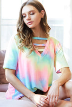 TIE DYE TERRY V-NECK TOP WITH STRAPPED FRONT NECK DETAIL - PASTEL or CHARCOAL TIEDYE