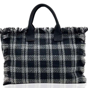 Plaid Fringe Tote Bag - Brown