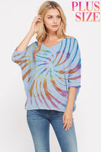 Plus size tie dye v neck knit short sleeve top - Denim or Ivory