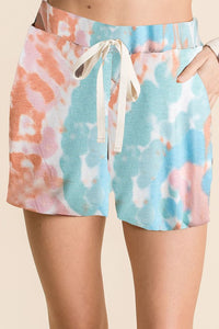 TIE DYE FRENCH TERRY CASUAL SHORTS WITH TWILL TAPE DRAWSTRING AND SIDE POCKETS - MINT/PINK