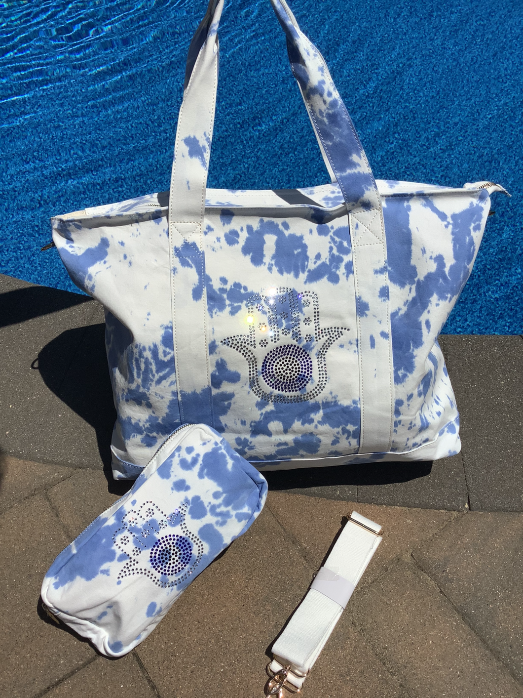 Bling Hamsa Tiedye Canvas Tote Bag, Pouch & Strap Set - Blue or Grey