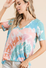 CIRCULAR TIE DYE PRINT V NECK TOP - PEACH/BLUE