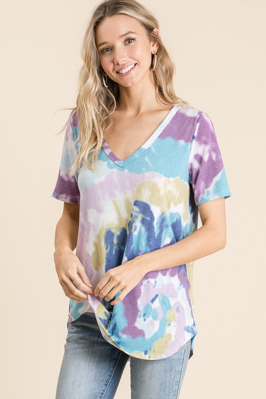 CIRCULAR TIE DYE PRINT V NECK TOP - LAVENDER/BLUE or YELLOW/ORANGE
