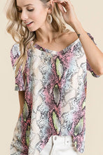 SNAKESKIN PRINT JERSEY V NECK TOP - BLUE or PINK MULTI