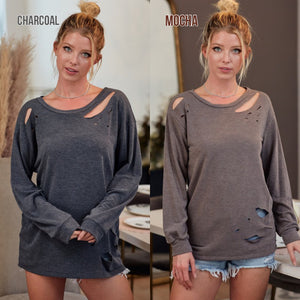 TERRY PULL OVER WITH LASER CUT DETAIL - CHARCOAL or MOCHA