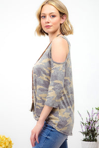 VINTAGE CAMOUFLAGE PRINT COLD SHOULDER TOP - OLIVE CAMO