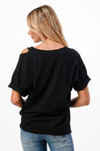 Solid V Neck Short Sleeve Distressed T-Shirt - Black, Camel or Grey