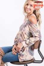PLUS SIZE PUFF LONG SLEEVE COLD SHOULDER MULTI COLOR PRINT TOP WITH STRAP DETAIL - GREY/YELLOW