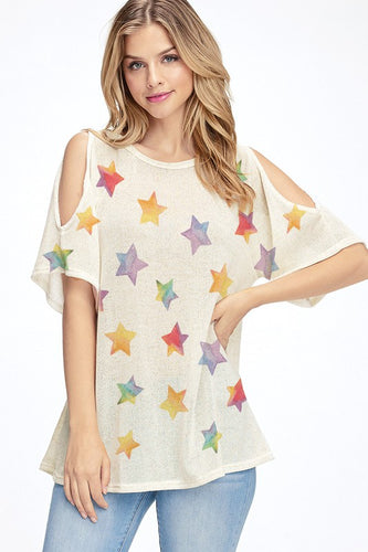 Rainbow star all over knit cold shoulder top - Oatmeal