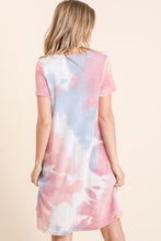 TIE DYE PRINT FRENCH TERRY V NECK MINI DRESS - BLUE/PINK or LAVENDER MIX