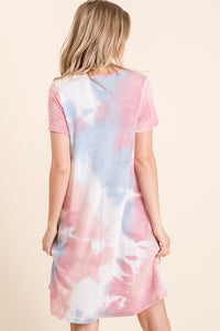 TIE DYE PRINT FRENCH TERRY V NECK MINI DRESS - BLUE/PINK or LAVENDER MIX
