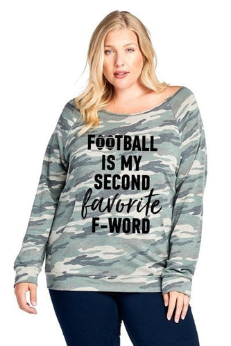 FOOTBALL IS MY SECOND FAVORITE F WORD GRAPHIC PLUS SIZE TOP - GREEN CAMO