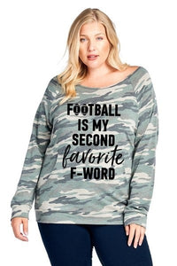 FOOTBALL IS MY SECOND FAVORITE F WORD GRAPHIC PLUS SIZE TOP - GREEN CAMO