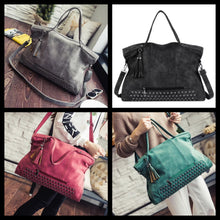Vegan Leather Suede feel Leather Rivet Tassel Tote Bag w/ Shoulder Strap