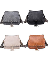 Vegan Leather Woven Flip Rivet Handbag with Leopard Strap