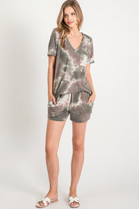 TIE-DYE SHORTS WITH ELASTICIZED WAISTBAND, DRAWSTRINGS, AND SIDE SEAM POCKETS - CHARCOAL or OLIVE