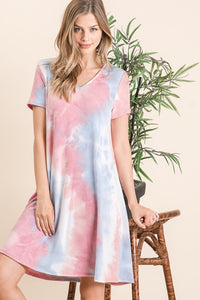 TIE DYE PRINT FRENCH TERRY V NECK MINI DRESS - BLUE/PINK or LAVENDER MIX