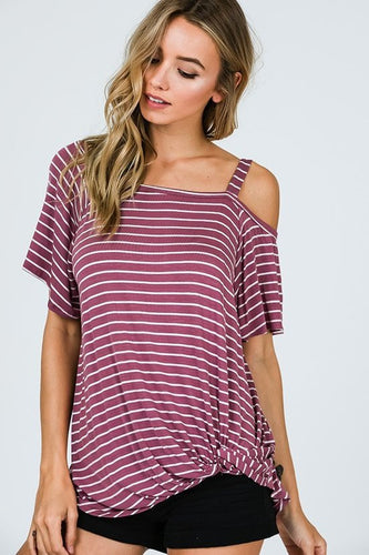 Striped One Shoulder Top With Side Knot - Marsala