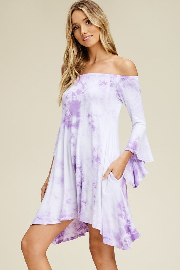 off the shoulder tie dye dress Lavender Off Shoulder Tie Dye Dress With Bell Sleeve And Pockets – Peace  Love Fashion