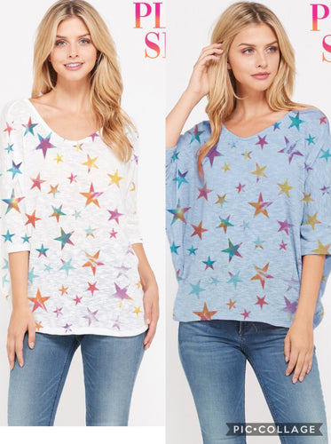 Plus size v neck colorful stars knit top - Blue or Ivory