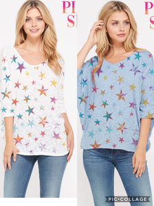 Plus size v neck colorful stars knit top - Blue or Ivory