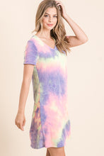 TIE DYE PRINT FRENCH TERRY V NECK MINI DRESS - BLUE/PINK or LAVENDER MIX