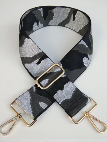 CAMOUFLAGE ADJUSTABLE BAG STRAP - GRAY/BLACK/METALLIC SILVER - GOLD HARDWARE