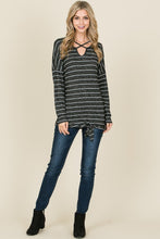 Long Sleeve Criss Cross Neck And Front Tie Detail Hacci Fabric Tunic Top - Charcoal