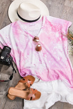 TIE-DYE PRINT TOP WITH A V NECKLINE, SHORT SLEEVES, AND VENTED HEM - Mint/Blue or Pink.
