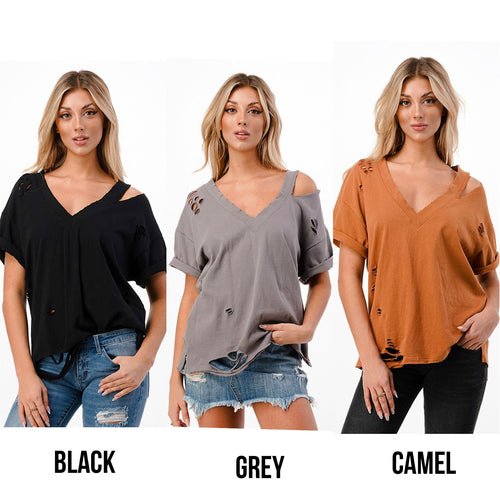 Solid V Neck Short Sleeve Distressed T-Shirt - Black, Camel or Grey