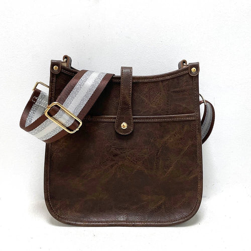 Coffee Vegan Leather Messenger Bag w/ Adjustable Stripe Strap